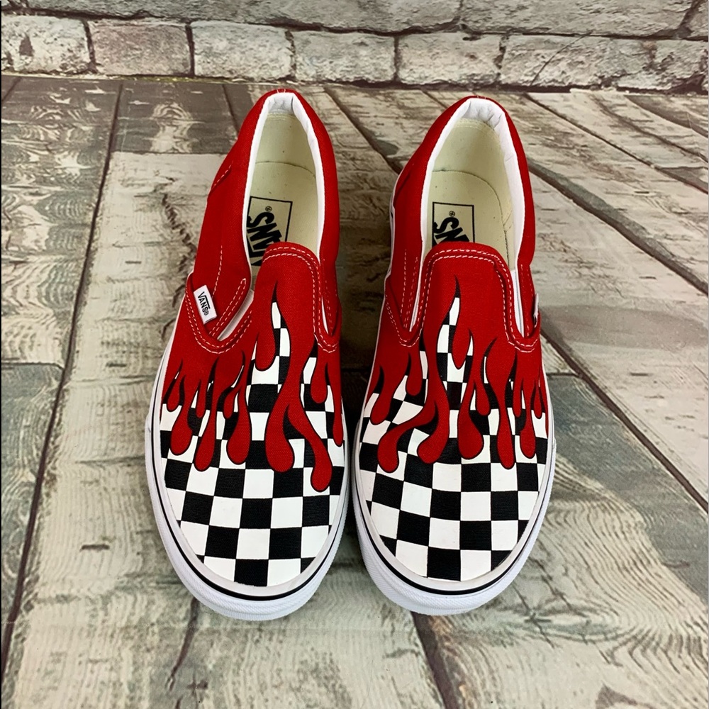 Vans Checkered Flame Slip On Sneakers Black White Red Mens Sz 7.5 / Women’s Sz 9